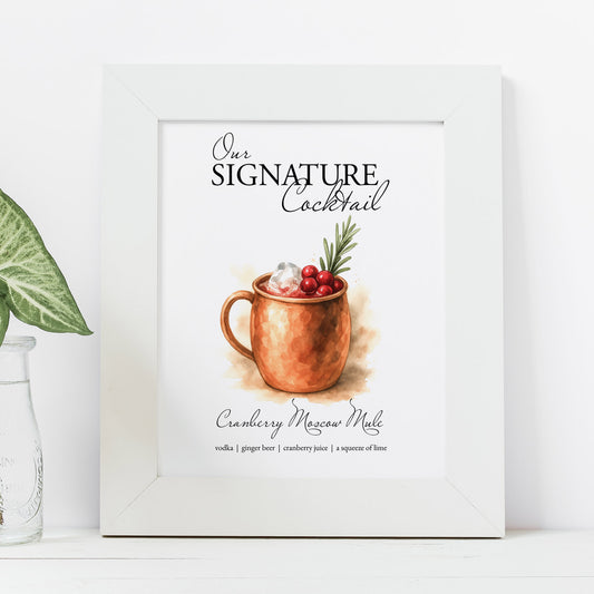 Printable bar signs in a white frame. The design features a Cranberry Moscow Mule in watercolor by Do Tell A Belle a woman owned small business in Palm Beach County Florida
