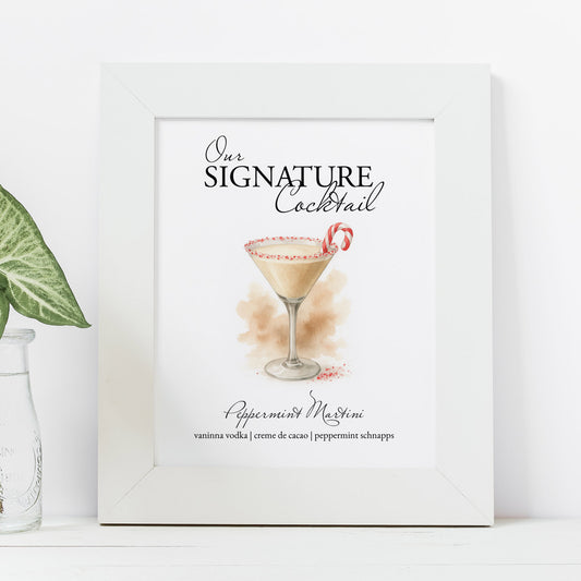 Signature cocktails wedding bar sign for Christmas designed with a peppermint martini illustration in watercolor shades of cream and red on a crisp white background by Do Tell A Belle a woman owned small business in Palm Beach Florida