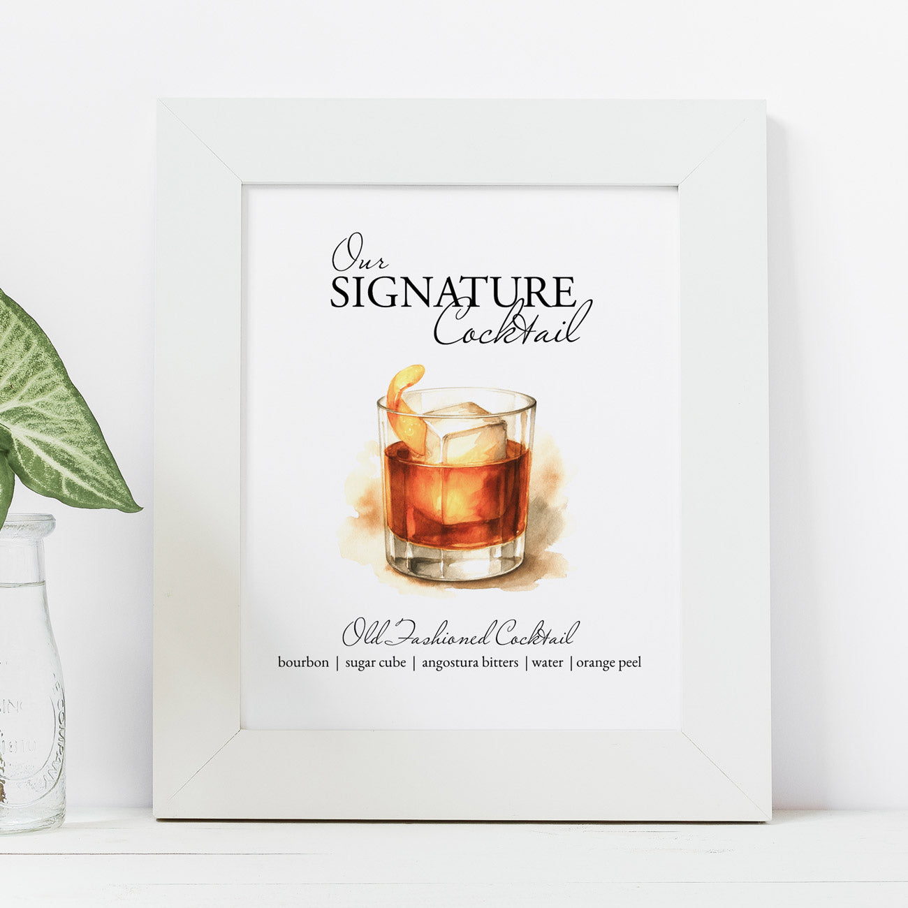 old fashioned cocktail bar signs printable with watercolor illustration of an old fashioned cocktail by Victoria Grigaliunas of Do Tell A Belle a woman owned small business in Palm Beach County Florida