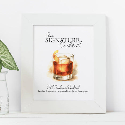 old fashioned cocktail bar signs printable with watercolor illustration of an old fashioned cocktail by Victoria Grigaliunas of Do Tell A Belle a woman owned small business in Palm Beach County Florida