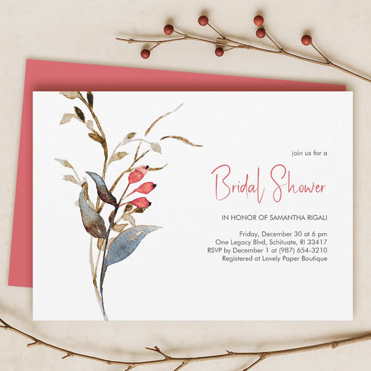Elegant fall bridal shower theme invitation with watercolor botanicals in cranberry red and brown on a simple white card.