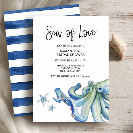 Flat lay of nautical bridal shower invitations with watercolor octopus and starfish in shades of blue and navy blue by Victoria Grigaliunas of Do Tell A Belle a small business in Palm Beach Florida