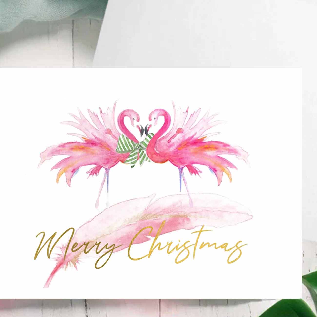 Pink flamingo Christmas cards zoomed