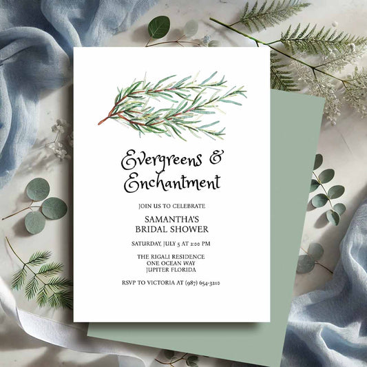 Flat lay of green winter bridal shower invitation featuring watercolor pine boughs on a crisp white background, designed by Do Tell A Belle — printable and editable template for elegant winter celebrations.