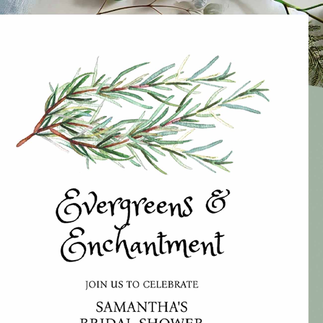 Close-up of green watercolor pine bough bridal shower invitation template showing fine hand-painted detail and elegant winter design — editable and printable with Corjl.