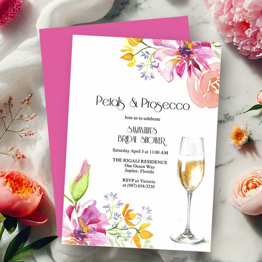 Pink Bridal Shower Invitations | Petals and Prosecco Theme | Love Is in Bloom Digital Template