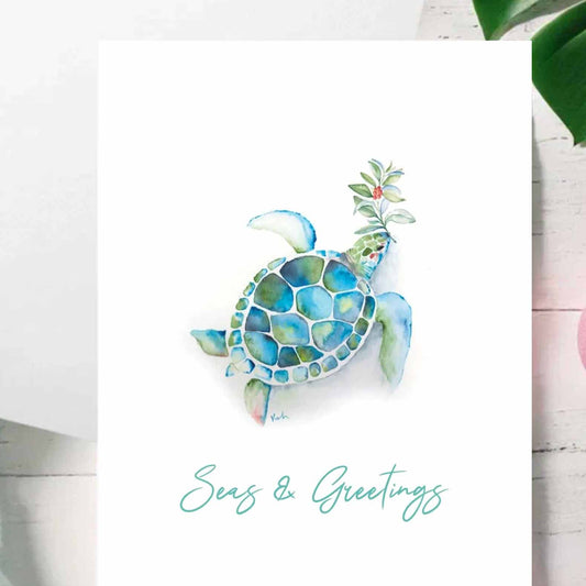 Sea turtle Christmas card by Florida watercolor artist Victoria Grigaliunas of Do Tell A Belle a woman owned small business in Palm Beach Gardens.