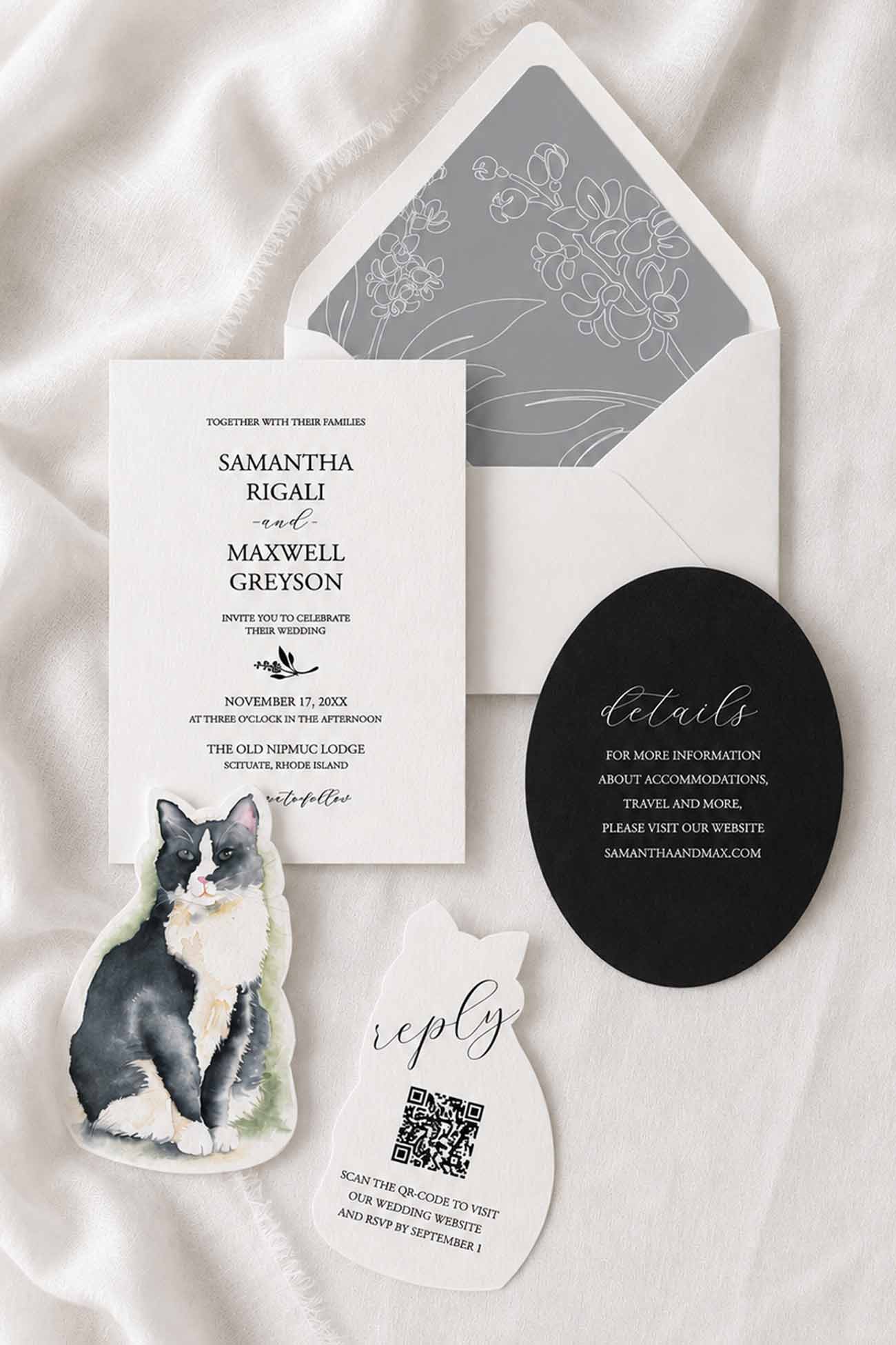 Wedding Invitations in Black and White with Laser Cut Watercolor Cat