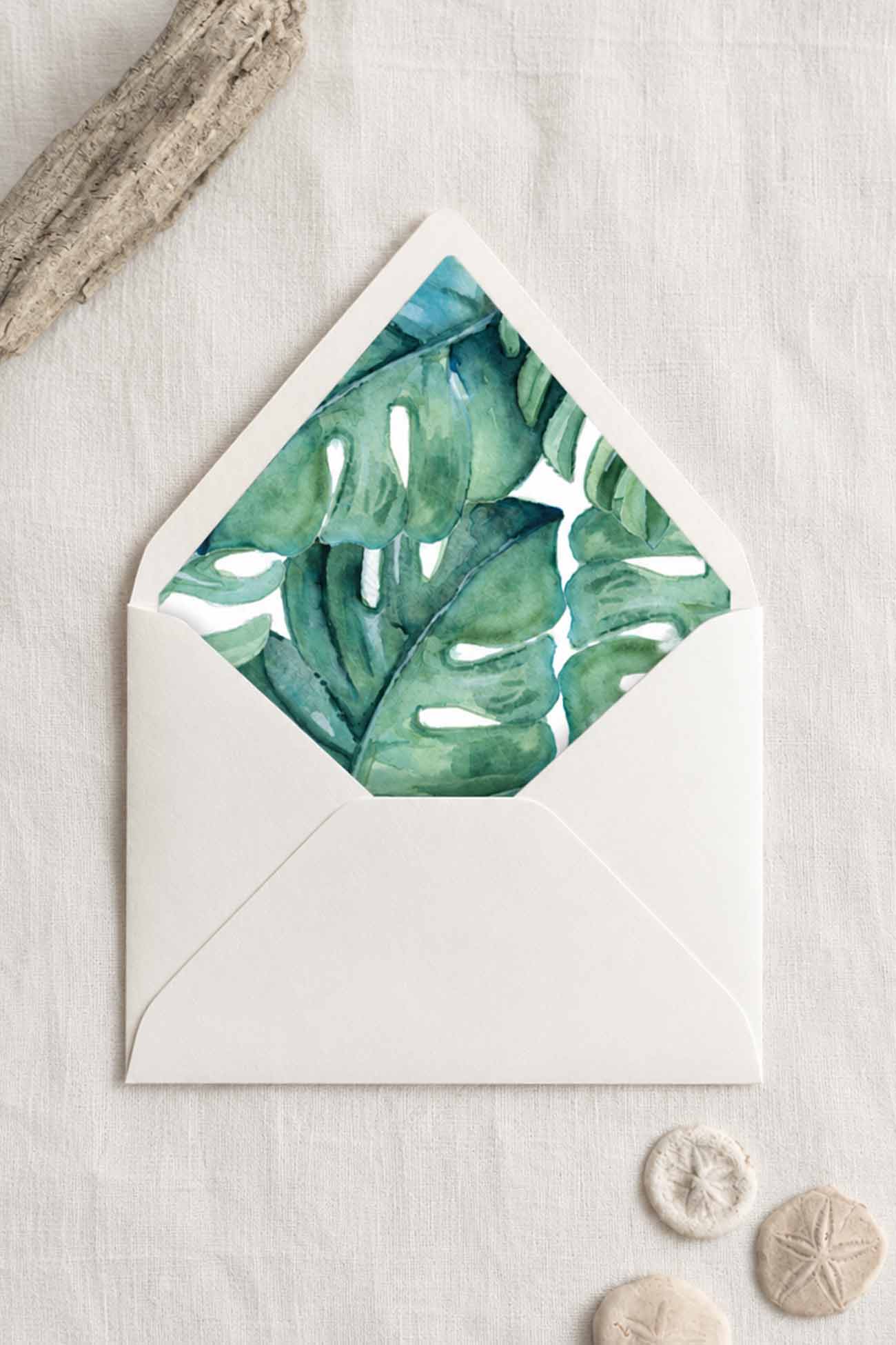 Tropical Watercolor Monstera Envelope Liners with White Euro Flap Envelopes