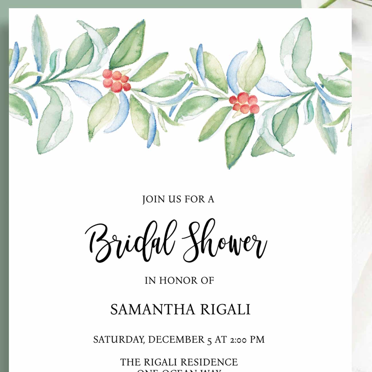 Winter Bridal Shower Invitation Watercolor Botanicals by Do Tell A Belle