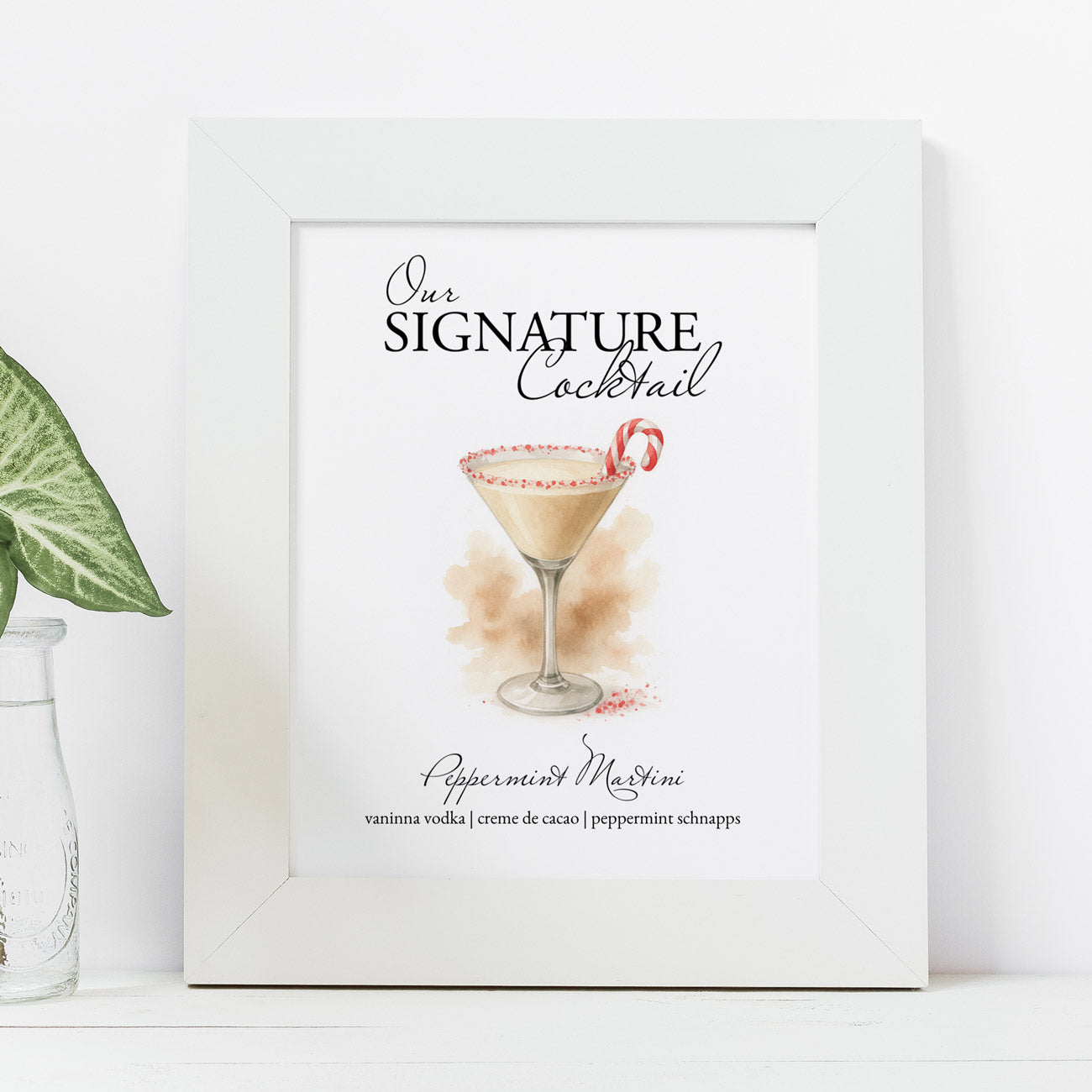 Signature cocktails wedding bar sign for Christmas designed with a peppermint martini illustration in watercolor shades of cream and red on a crisp white background by Do Tell A Belle a woman owned small business in Palm Beach Florida