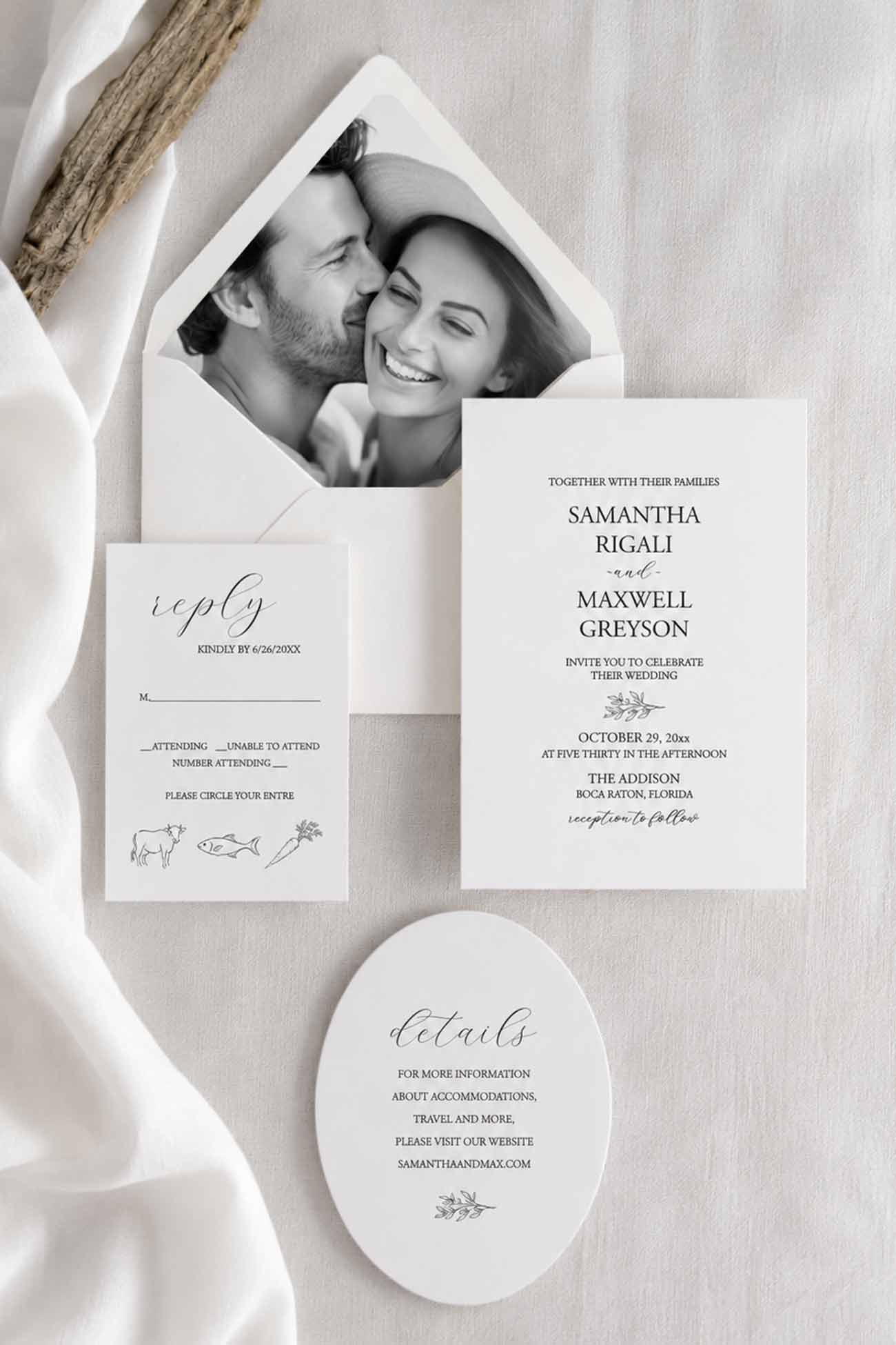 Wedding invitations black and white with simple typography, minimal line art, RSVP card, and engagement photo envelope liner, ideal for couples searching for wedding invitations 100 pieces or other quantities.