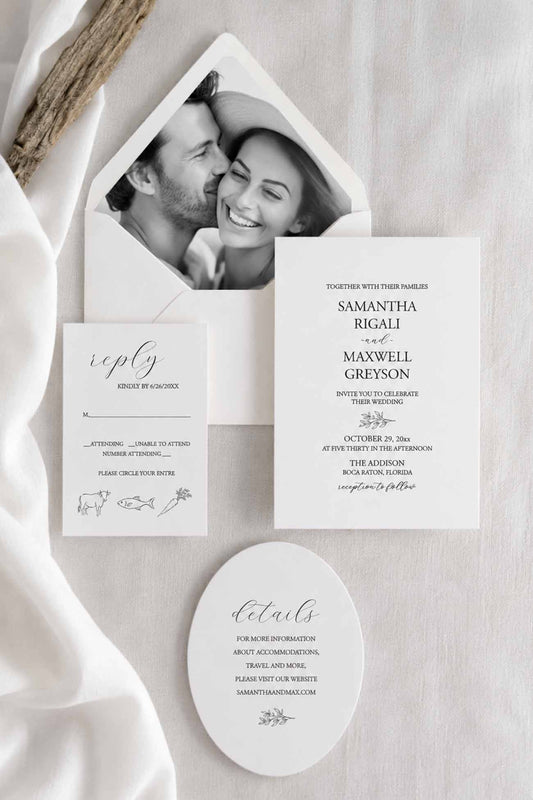 Wedding invitations black and white with simple typography, minimal line art, RSVP card, and engagement photo envelope liner, ideal for couples searching for wedding invitations 100 pieces or other quantities.