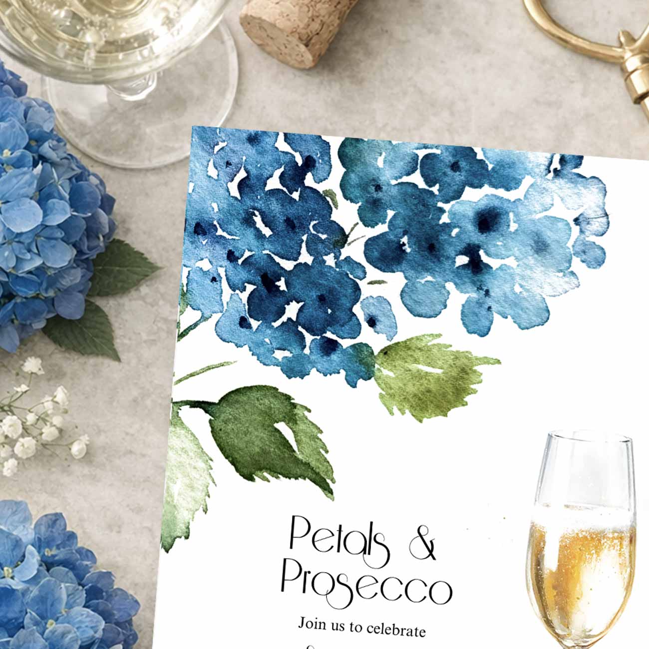 Blue Petals and Prosecco Bridal Shower Invitations with Hydrangeas
