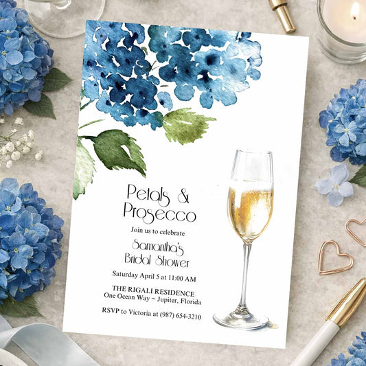 Blue Petals and Prosecco Bridal Shower Invitations with Hydrangeas