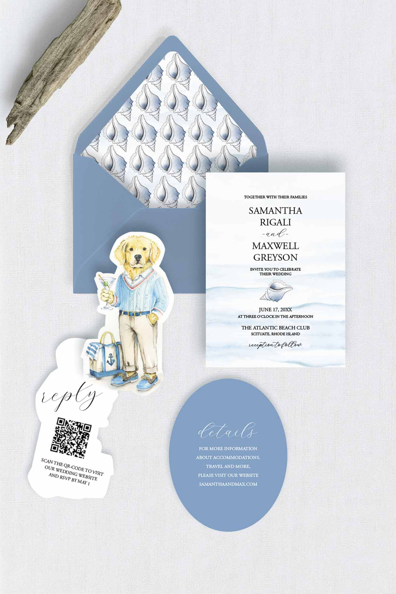 A coordinated nautical-themed wedding stationery set laid flat on a light textured background, including a blue envelope with a white patterned insert, a white invitation card with blue beach illustration, a blue oval detail card, a white reply card with QR code, and a small dog-shaped tag.