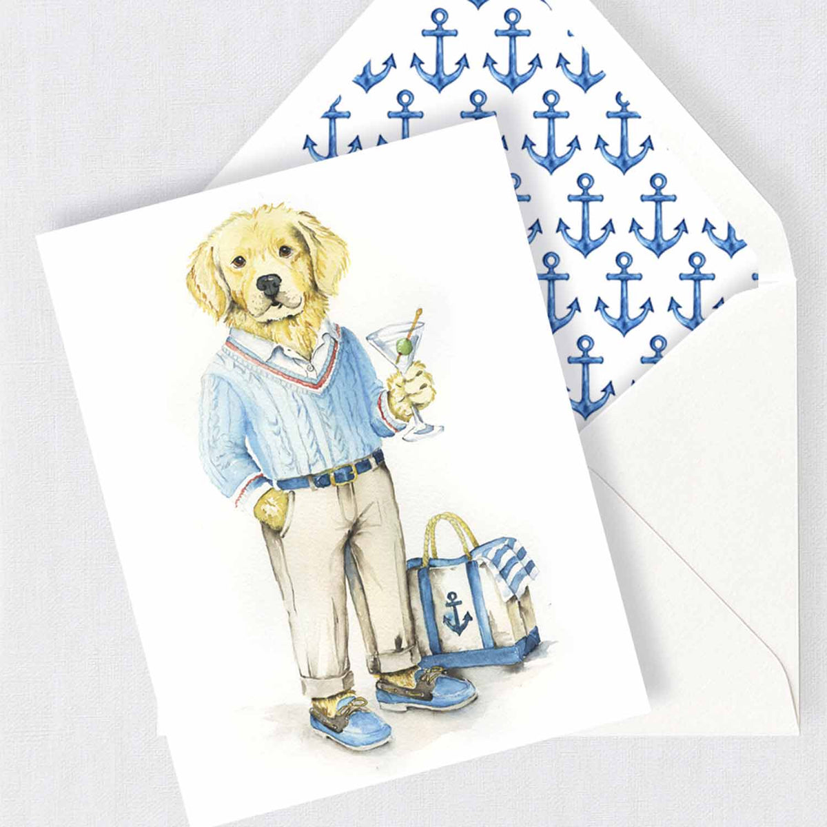 Boxed dog greeting cards featuring a hand-painted watercolor yellow English Lab in yacht club clothes with blue anchor envelope liners.