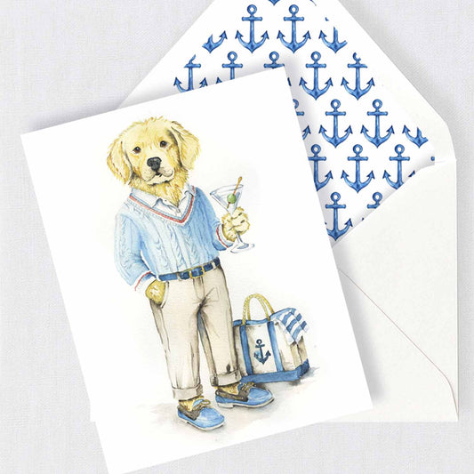 Boxed dog greeting cards featuring a hand-painted watercolor yellow English Lab in yacht club clothes with blue anchor envelope liners.