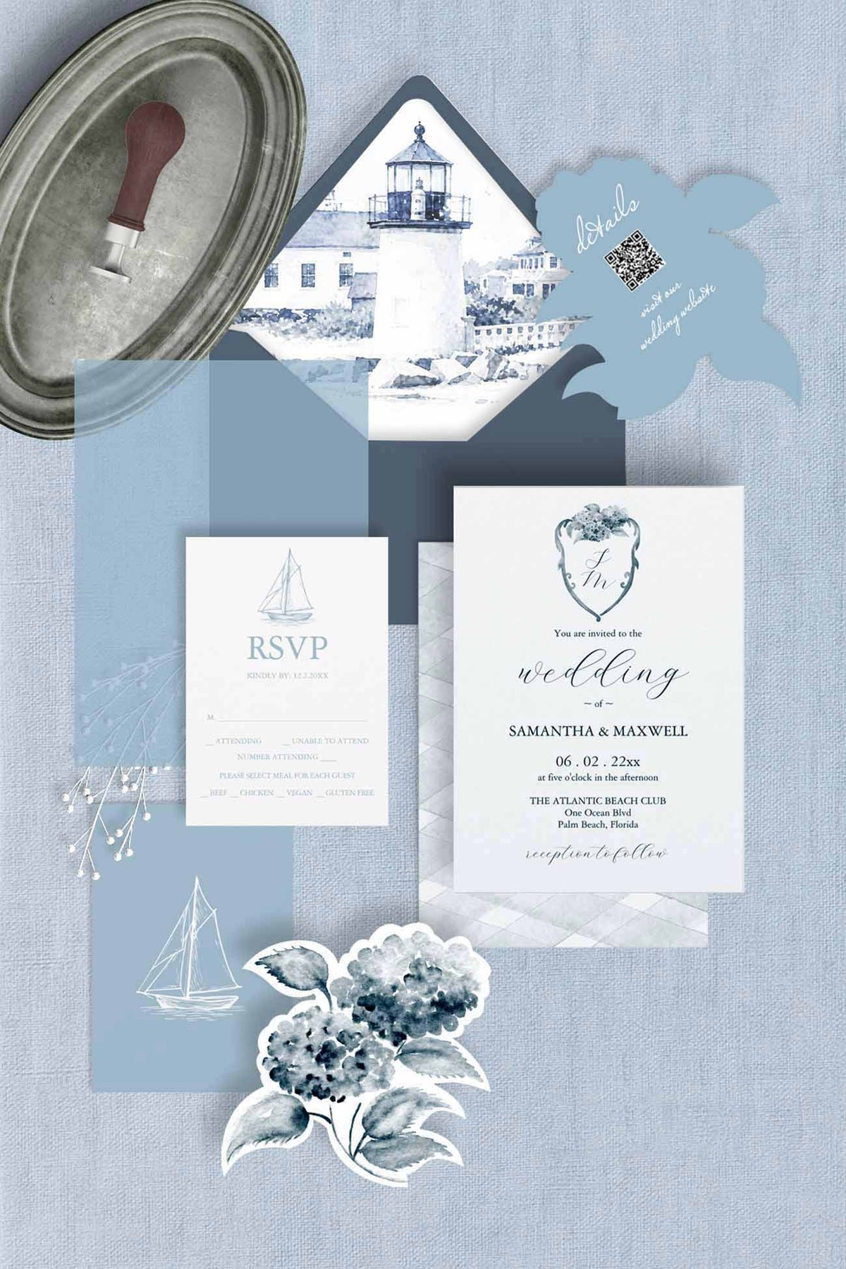 Dusty Blue Watercolor Wedding Invitation Suite Nautical