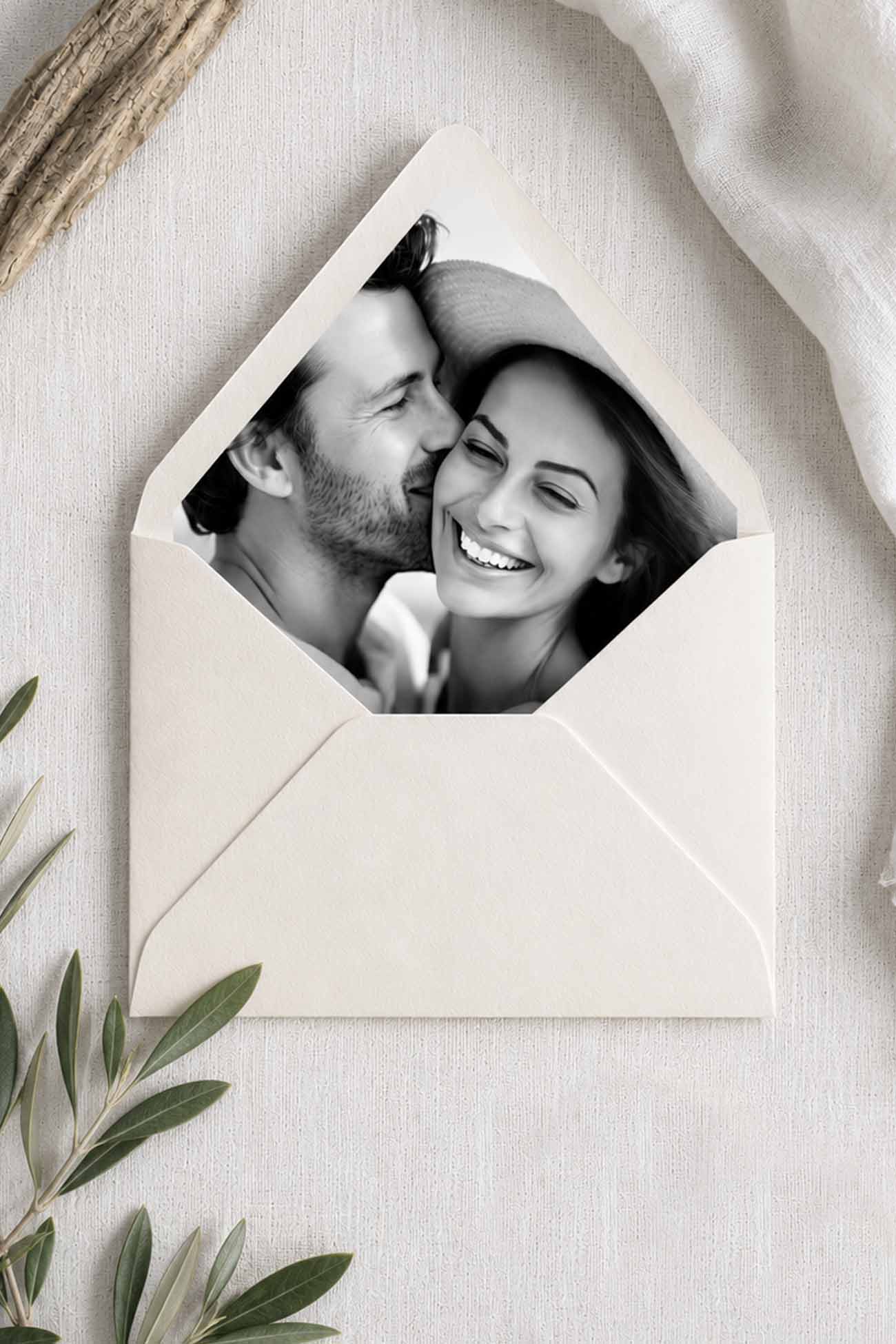Are you searching for Companies offering personalized photo envelope liners? Do Tell A Belle offers Luxury photo envelope liner 5x7 personalized with a couple's engagement photo inside a white pointed flap envelope for wedding invitations.