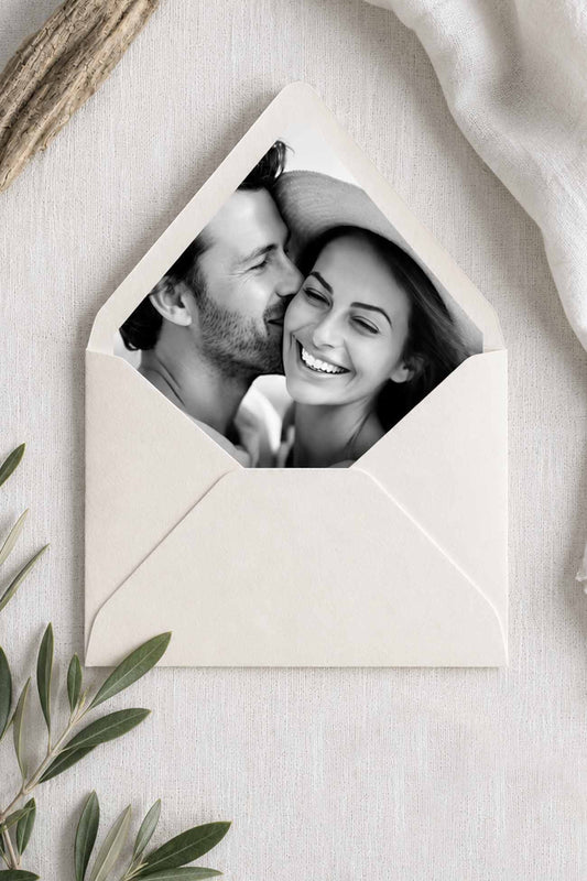 Are you searching for Companies offering personalized photo envelope liners? Do Tell A Belle offers Luxury photo envelope liner 5x7 personalized with a couple's engagement photo inside a white pointed flap envelope for wedding invitations.