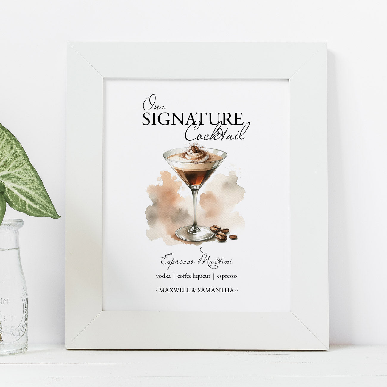 printable bar signs editable using corjl template designed with an espresso martini for signature cocktails for weddings, parties and special occassions.