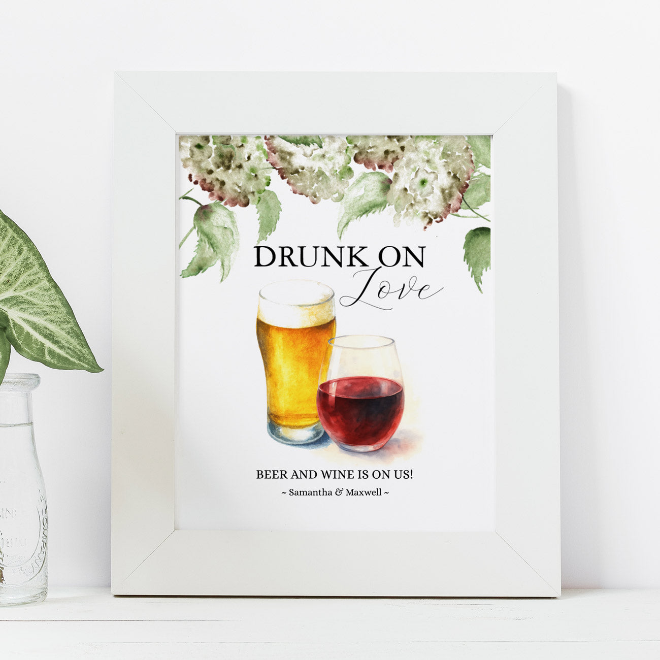 green hydrangea wedding decorations features a printable custom beer and wine bar sign with a top boarder of watercolor florals in shades of green, white and antique.
