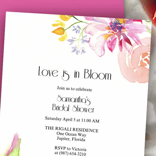 Love Is in Bloom Bridal Shower Invitation – Pink & Orange Watercolor Floral Design | Do Tell A Belle