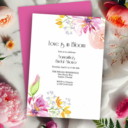 Love Is in Bloom Bridal Shower Invitation – Pink & Orange Watercolor Floral Design | Do Tell A Belle