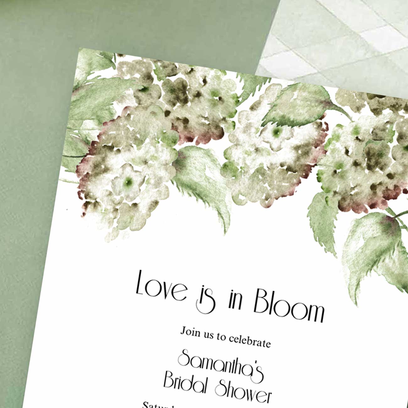 Love Is In Bloom Bridal Shower Invitations | Green and White Hydrangeas