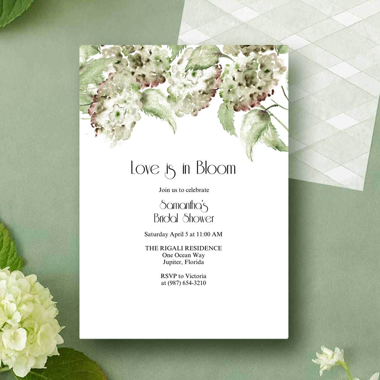 Love Is In Bloom Bridal Shower Invitations | Green and White Hydrangeas