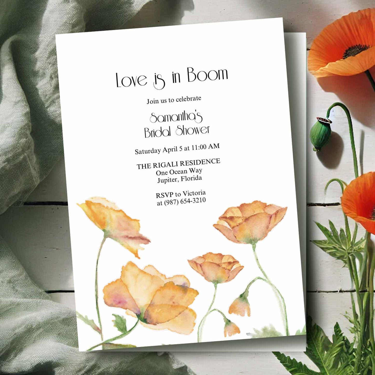love is in bloom bridal shower invitations designed with watercolor orange poppy flowers by Victoria Grigaliunas of Do Tell A Belle