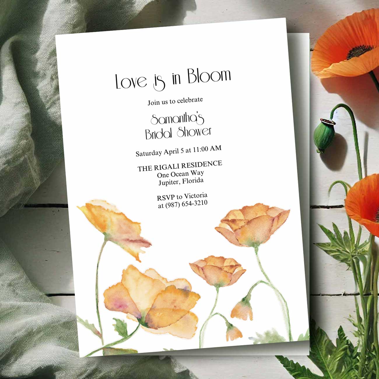 Love Is In Bloom Bridal Shower Invitations | Orange Poppies