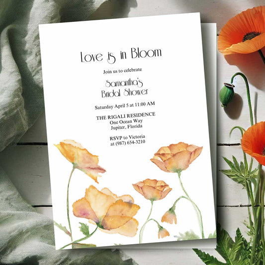 Love Is In Bloom Bridal Shower Invitations | Orange Poppies