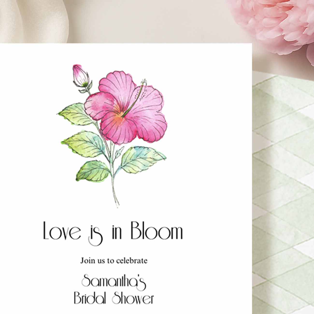 Love Is In Bloom Bridal Shower Invitations Tropical Pink Hibiscus Flower