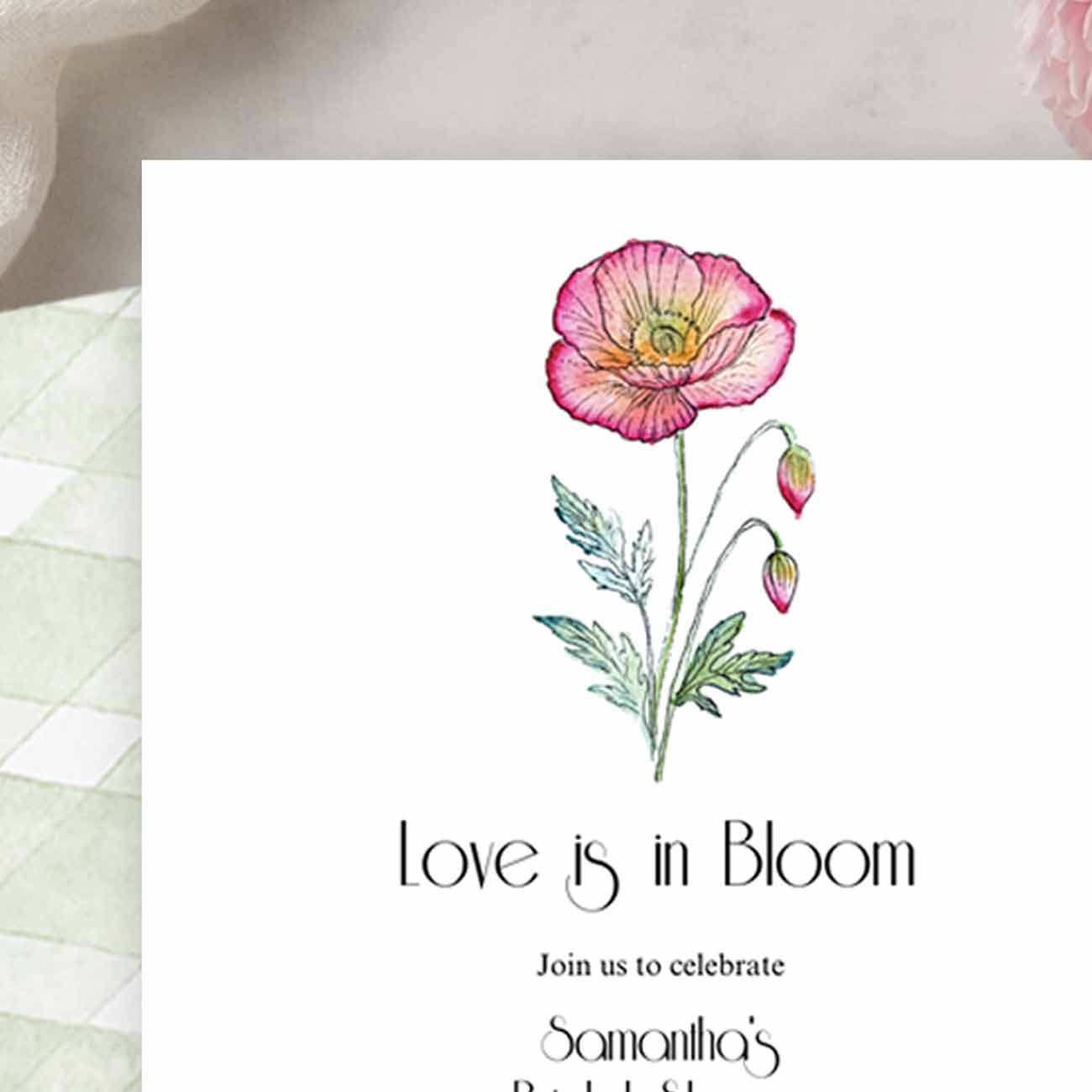 Love Is In Bloom Bridal Shower Invitations Pink and Orange Poppy Flower