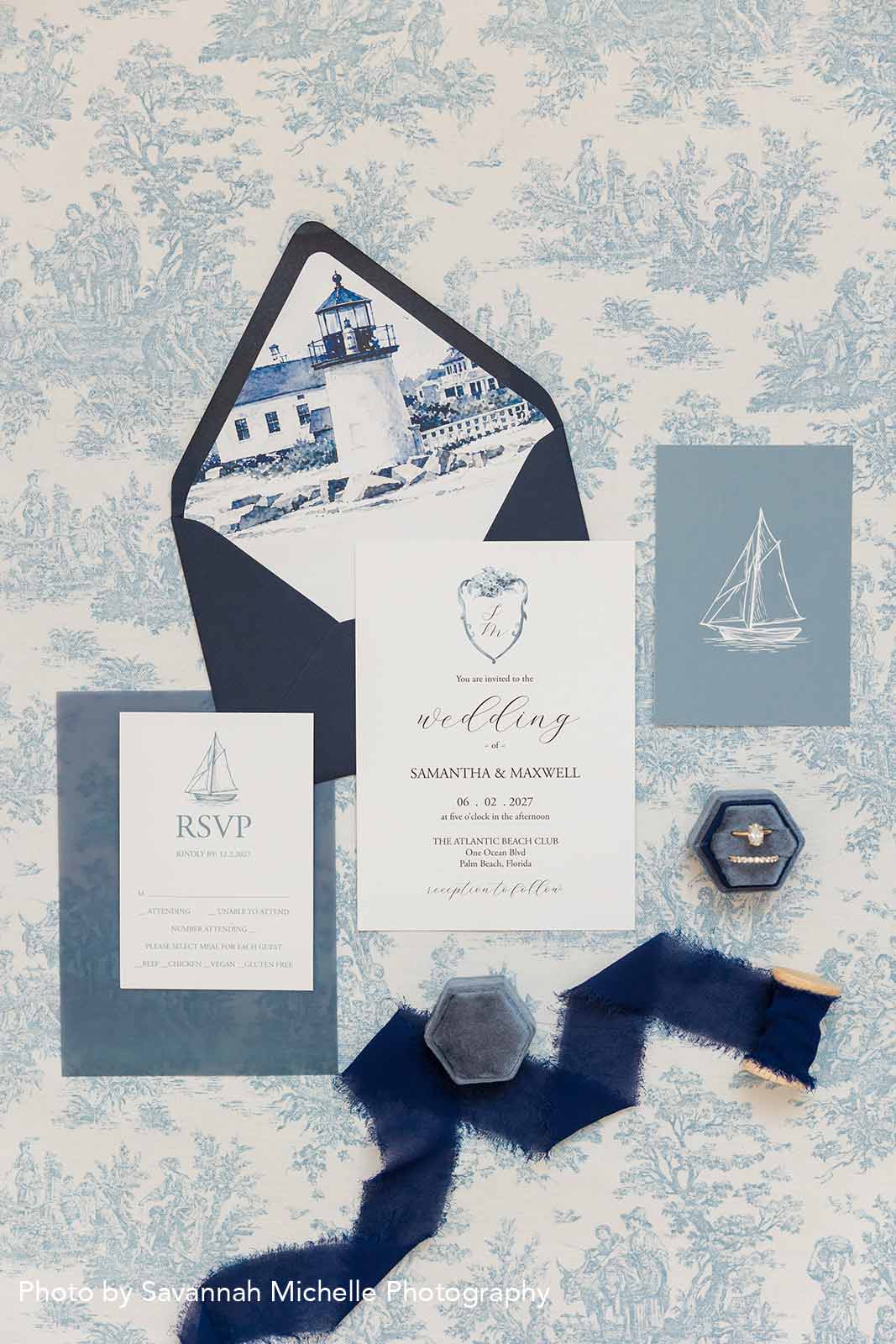 Dusty blue wedding invitation suite for a nautical Nantucket or Cape Code wedding theme.