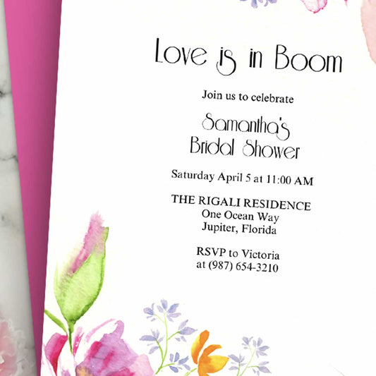 Love Is in Bloom Bridal Shower Invitation – Pink & Orange Watercolor Floral Design | Do Tell A Belle