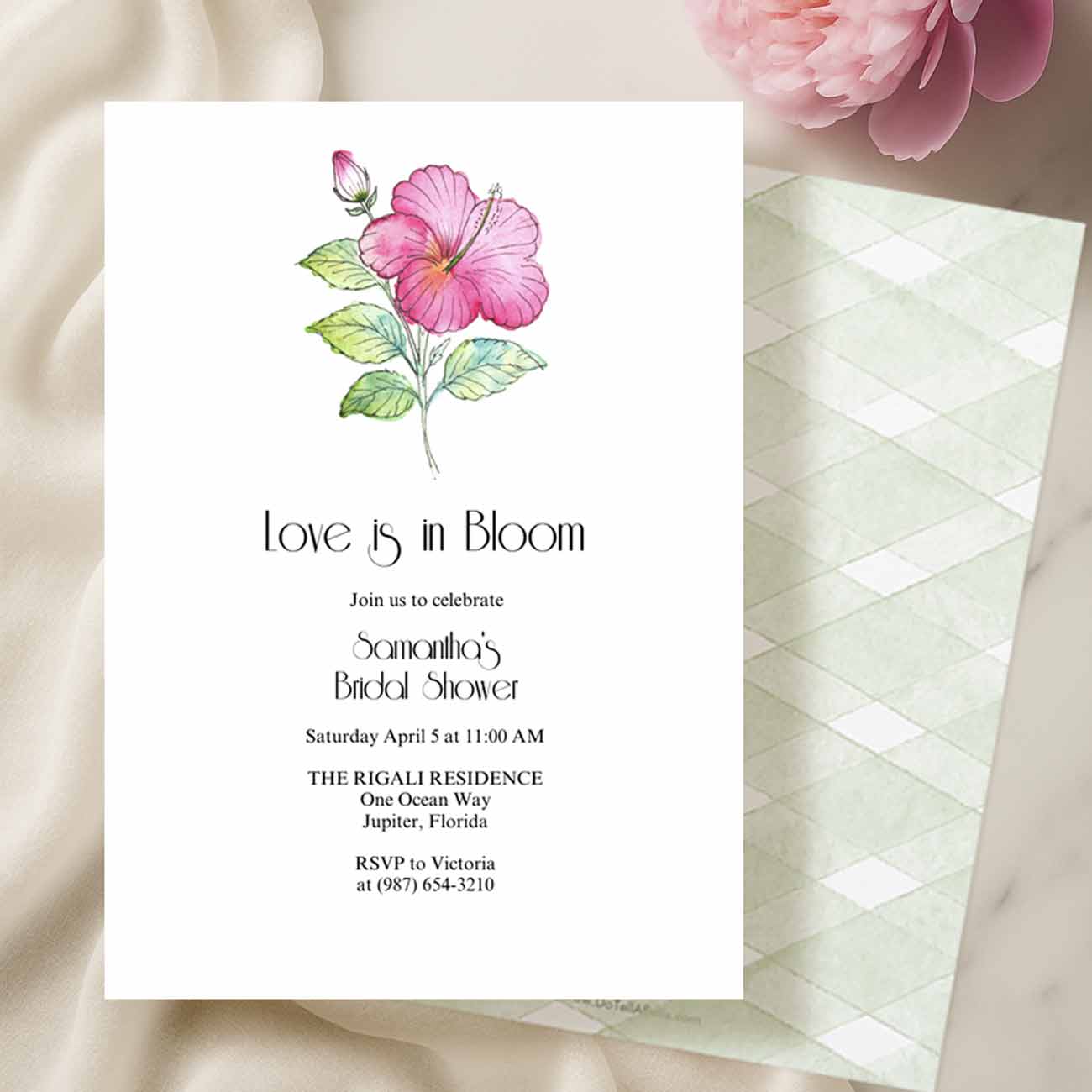 Love Is In Bloom Bridal Shower Invitations Tropical Pink Hibiscus Flower