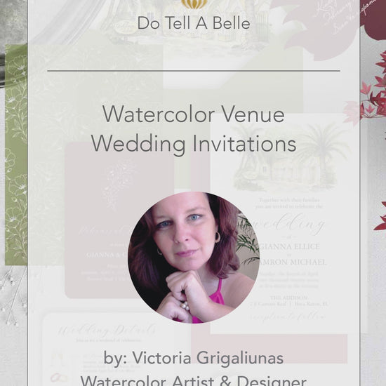 Behind-the-scenes watercolor venue painting process showing the artist hand-painting wedding locations, followed by finished watercolor wedding invitation suites featuring the completed custom venue artwork.