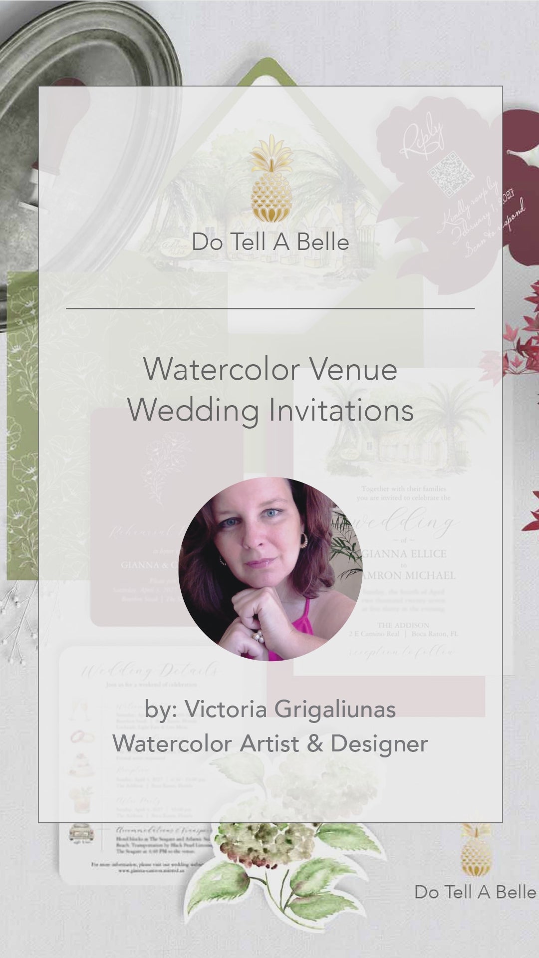 Behind-the-scenes watercolor venue painting process showing the artist hand-painting wedding locations, followed by finished watercolor wedding invitation suites featuring the completed custom venue artwork.