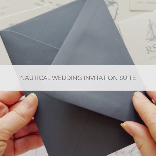 Nautical wedding invitations with navy blue envelope and watercolor lighthouse envelope liner, boat rsvp card, monogrammed wedding invitation with blue hydrangeas and laser cut hydrangea details card.