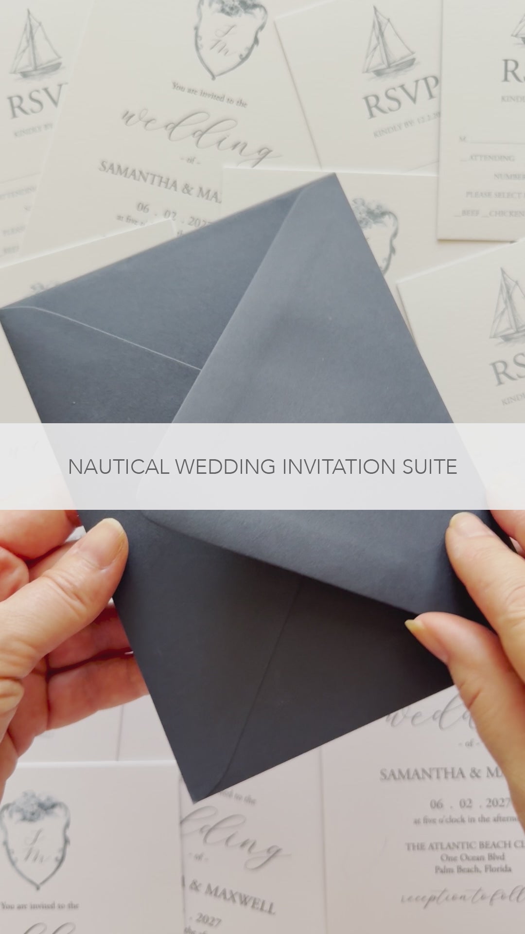 Nautical wedding invitations with navy blue envelope and watercolor lighthouse envelope liner, boat rsvp card, monogrammed wedding invitation with blue hydrangeas and laser cut hydrangea details card.