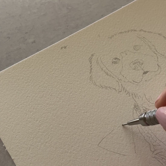 Behind-the-scenes watercolor painting of a yellow English Lab wearing a nautical yacht club outfit for Do Tell A Belle dog greeting cards.