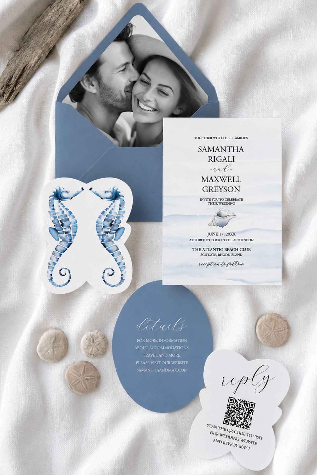 Rustic beach wedding invitation suite designed with watercolor seahorse laser cut reply card, watercolor wedding invitations with ocean and sea shells and a  picture envelope liner with blue envelope and blue details card.