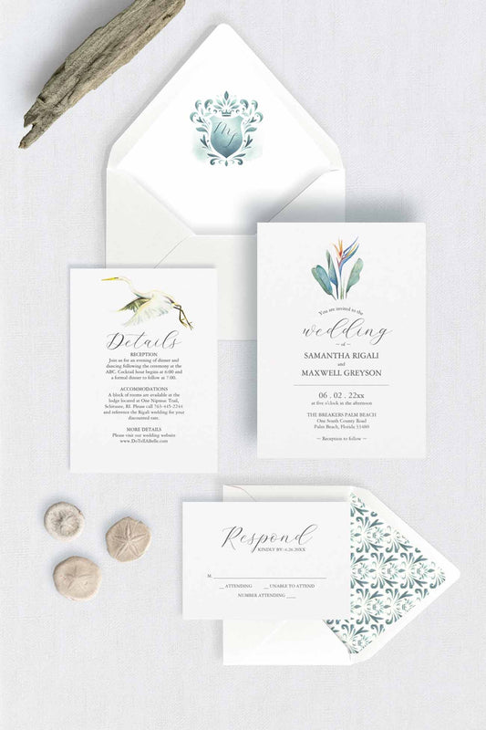 Tropical Wedding Invitation Suite with Monogram Envelope Liners