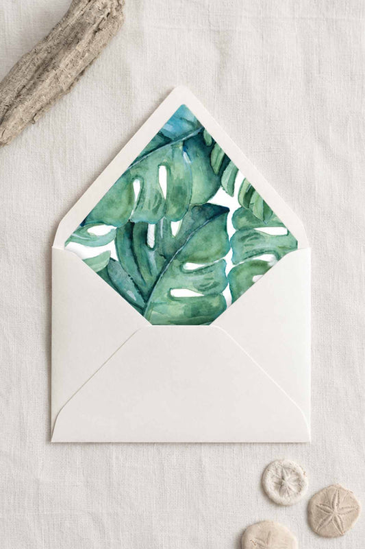 Tropical Watercolor Monstera Envelope Liners with White Euro Flap Envelopes