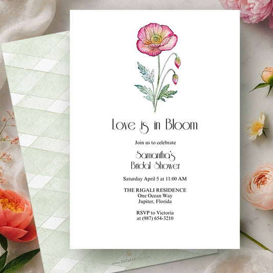Love Is In Bloom Bridal Shower Invitations Pink and Orange Poppy Flower
