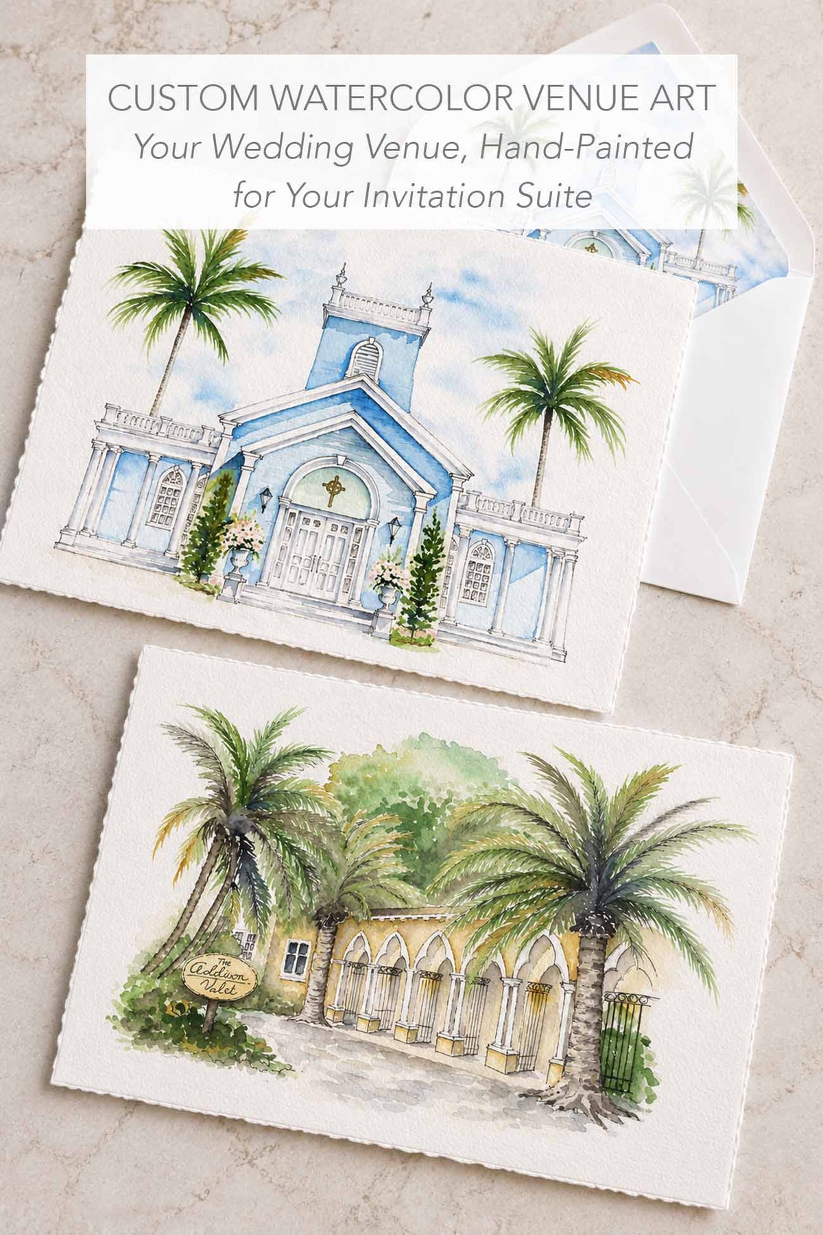 Custom watercolor venue artwork of Florida locations featuring hand-painted architecture and palm trees for personalized watercolor wedding invitations. Watercolor of The Royal Poinciana Chapel and The Addison