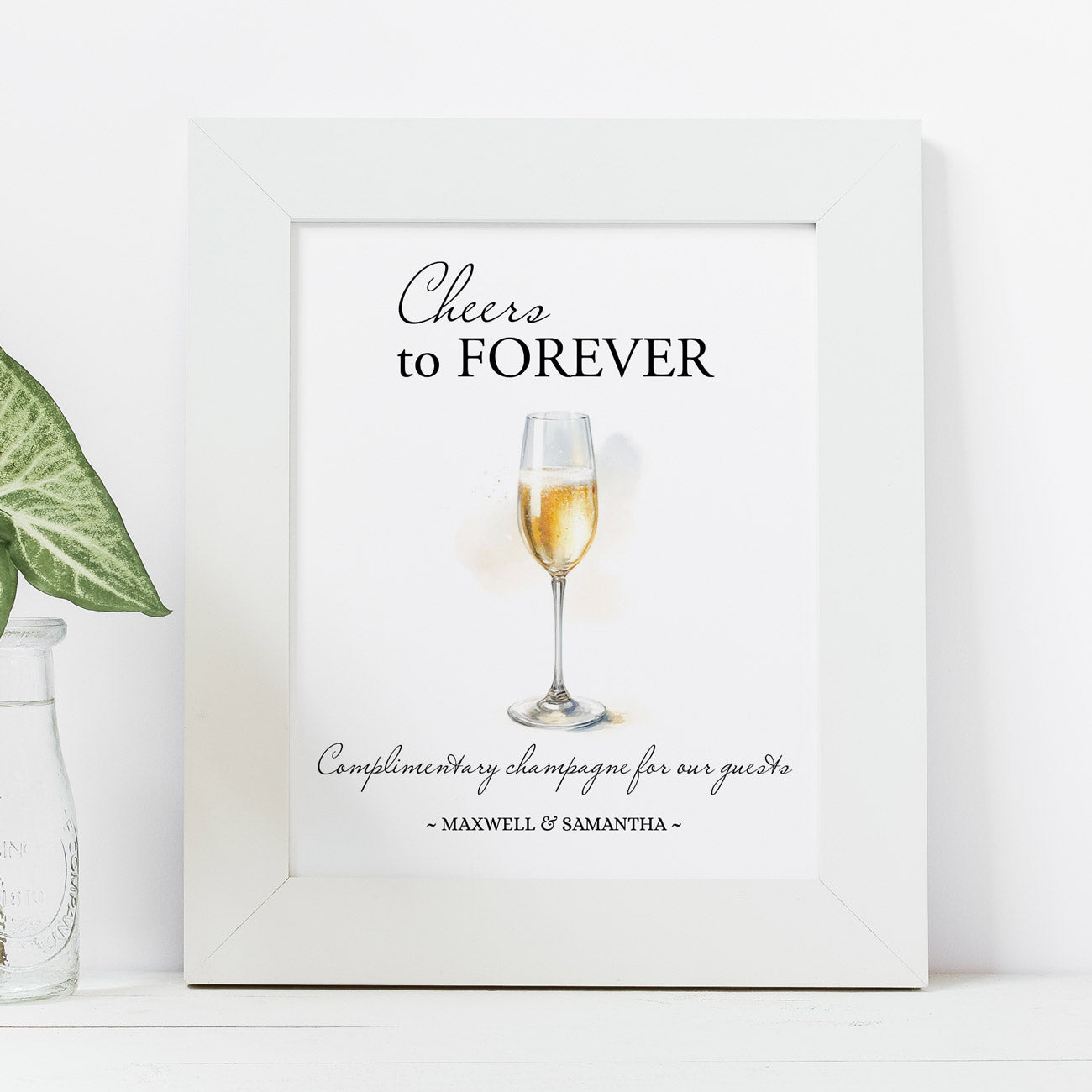 wedding bar signs complimentary champagne personalized with the couples name.